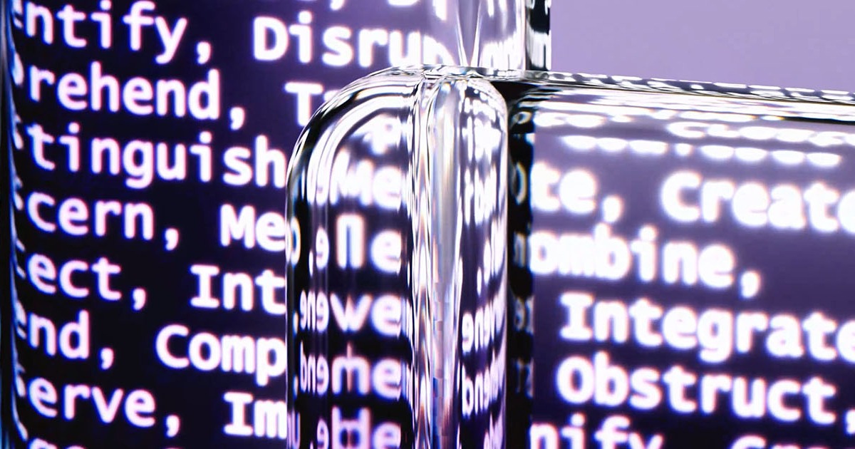 A close up of AI keywords rendered against a transparent object