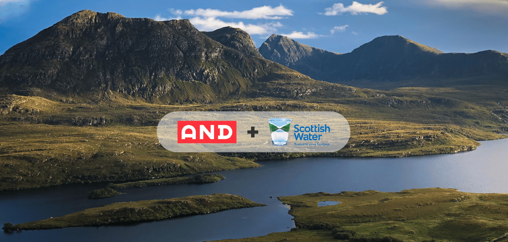 AND Digital and Scottish Water logos on Scottish landscape background